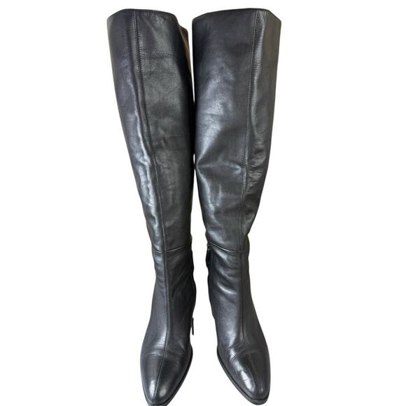 ZARA Black Leather Slouchy Knee High Boots Size 41 US10 UK8 Almond Toe Heels - Picture 12 of 16